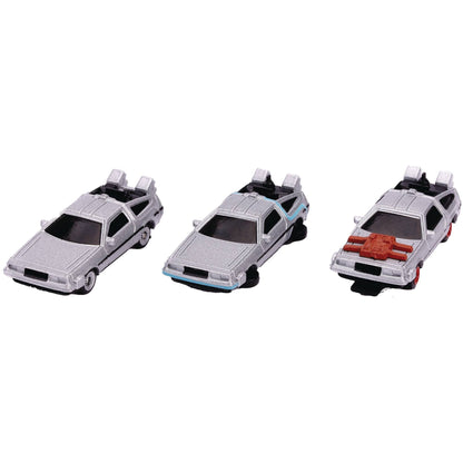 Back to the Future Trilogy die-cast 1⅔-inch Nano "Hollywood Rides" DeLorean Time Machine 3-pack