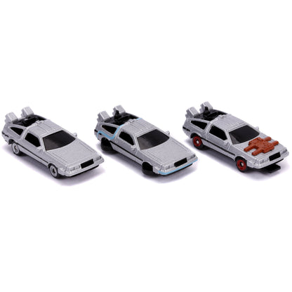 Back to the Future Trilogy die-cast 1⅔-inch Nano "Hollywood Rides" DeLorean Time Machine 3-pack