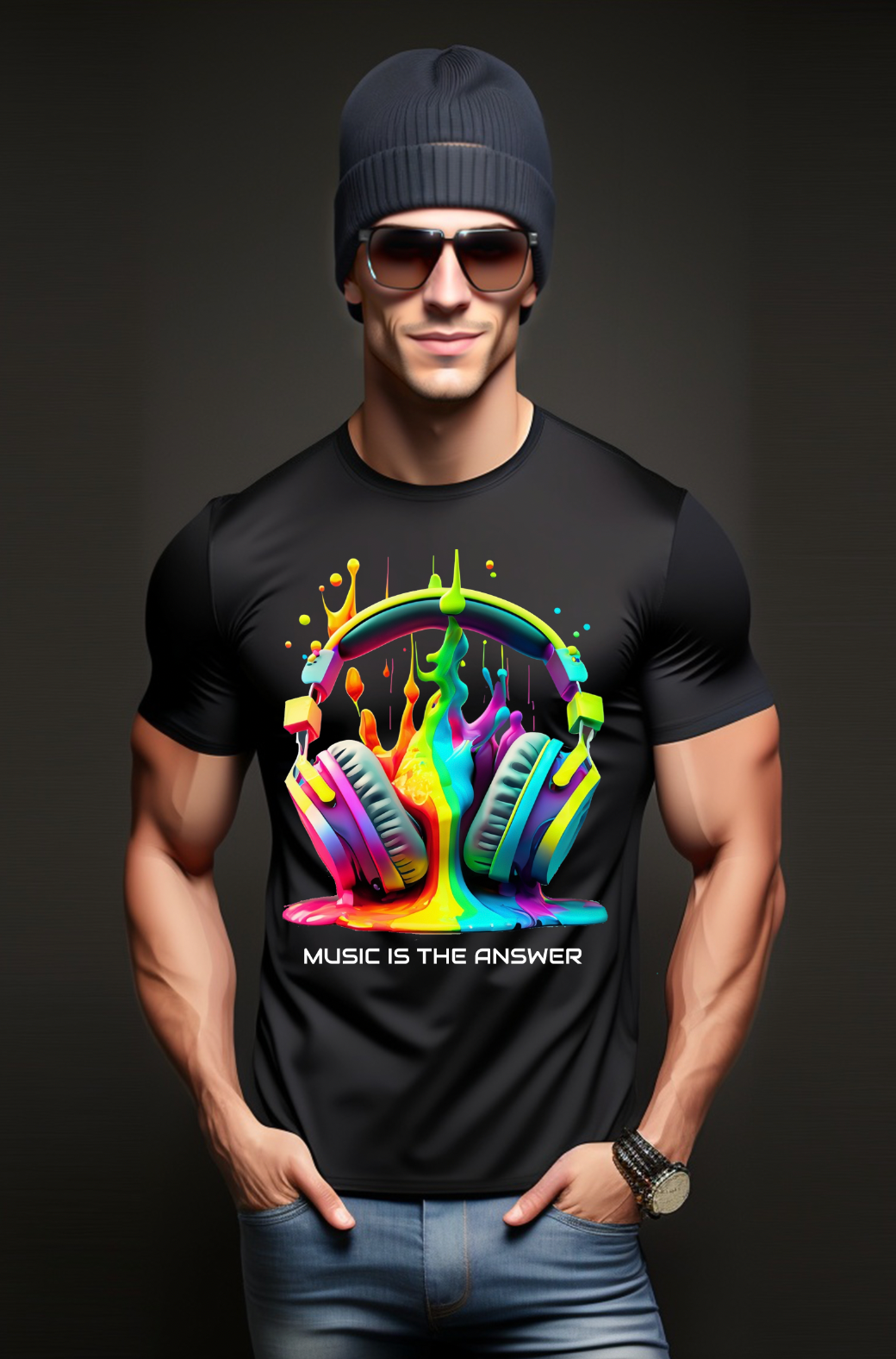 Headphones Drip Rainbow Music is the Answer AI T-Shirts | Grooveman Music