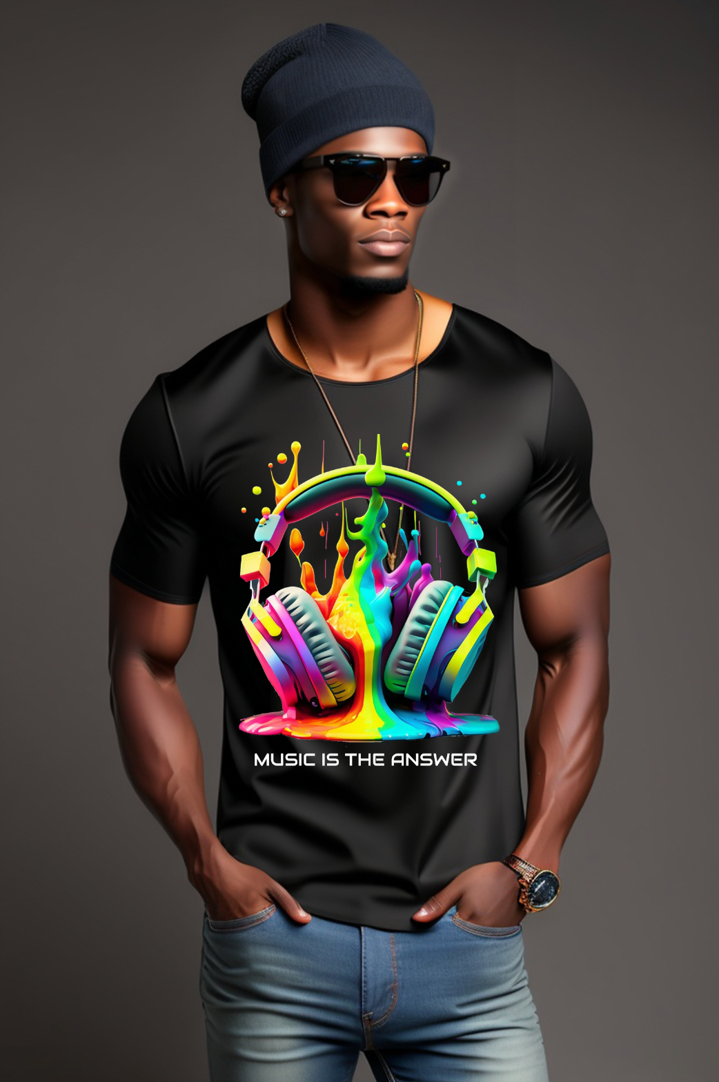 Headphones Drip Rainbow Music is the Answer AI T-Shirts | Grooveman Music