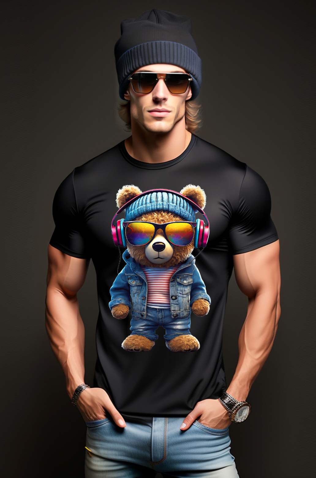 Teddy with Pink Headphones and Beanie Exclusive T-Shirts | Grooveman Music