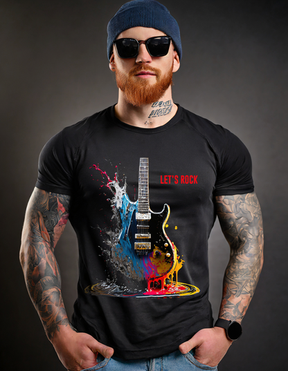 Let's Rock Electric Guitar Art design Exclusive T-Shirts | Grooveman Music