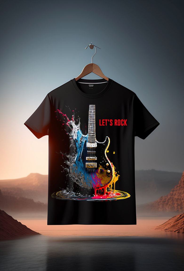 Let's Rock Electric Guitar Art design Exclusive T-Shirts | Grooveman Music