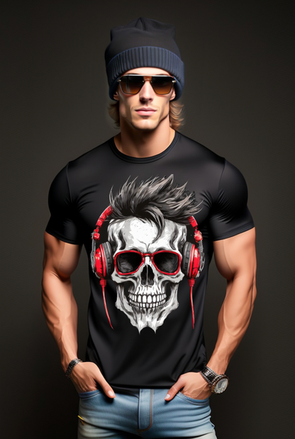 Skull Black and White Red Headphones Art Exclusive T-Shirts | Grooveman Music