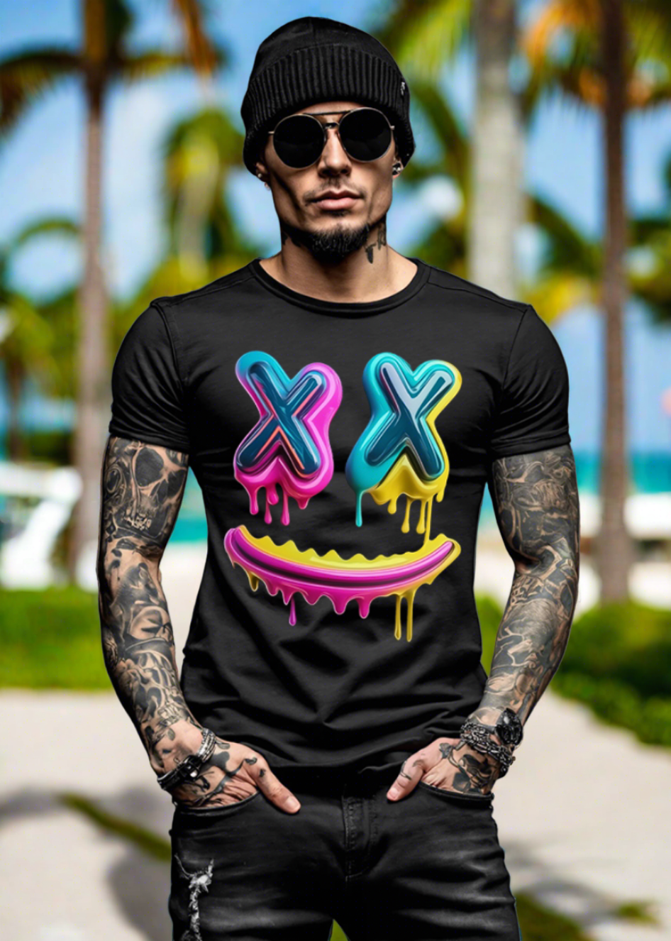 Happy Face Neon Pink Art Exclusive T-Shirts | Grooveman Music