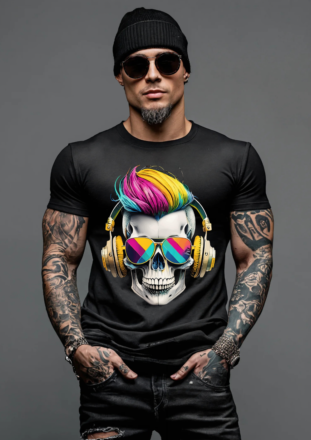 Skull Colorful Punk Hair Art Exclusive T-Shirts | Grooveman Music