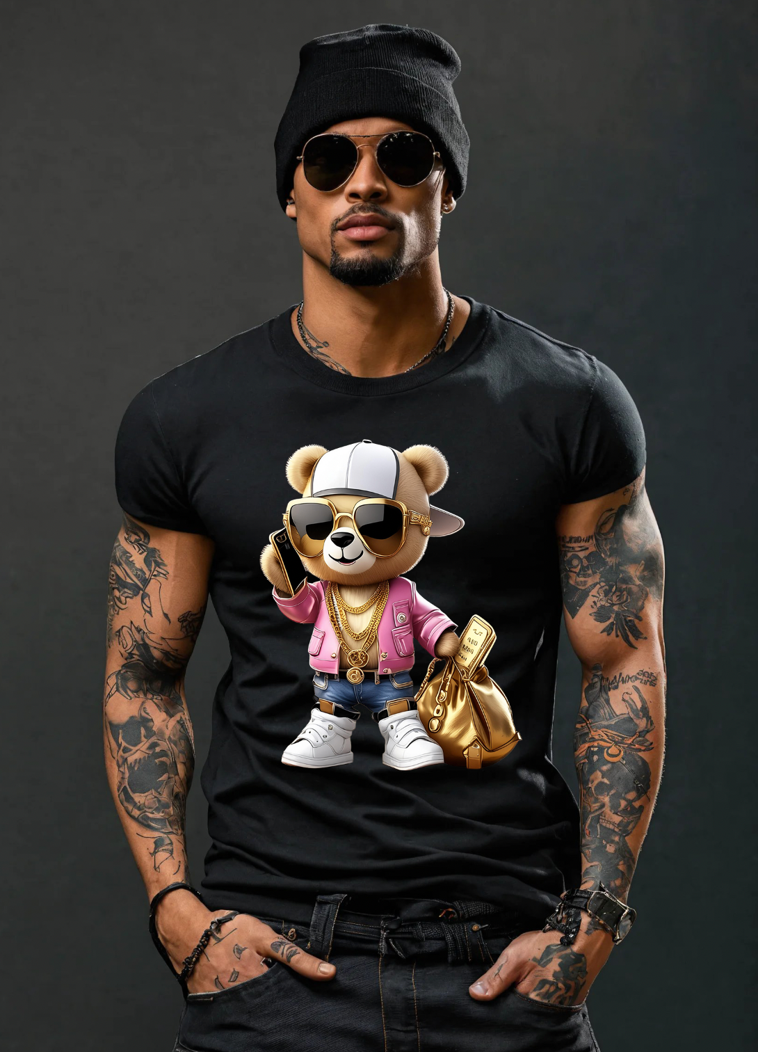 Teddy with Phone Pink Jacket Art Exclusive T-Shirts | Grooveman Music