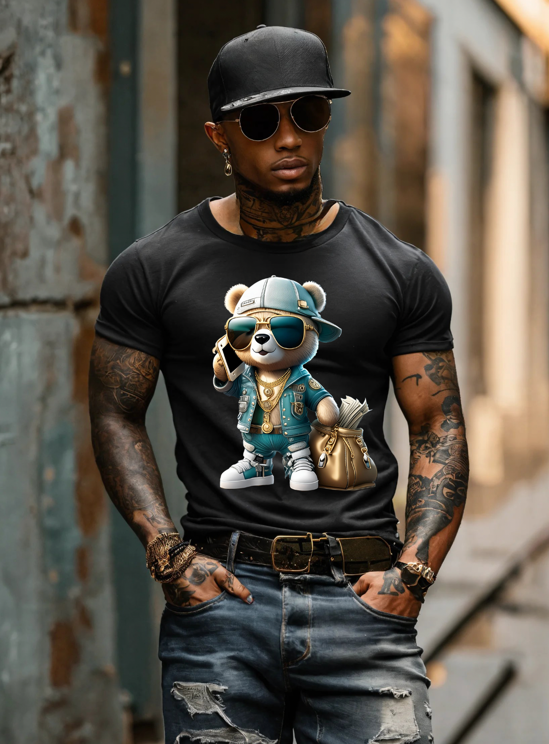 Teddy with Phone Teal Jacket Art Exclusive T-Shirts | Grooveman Music