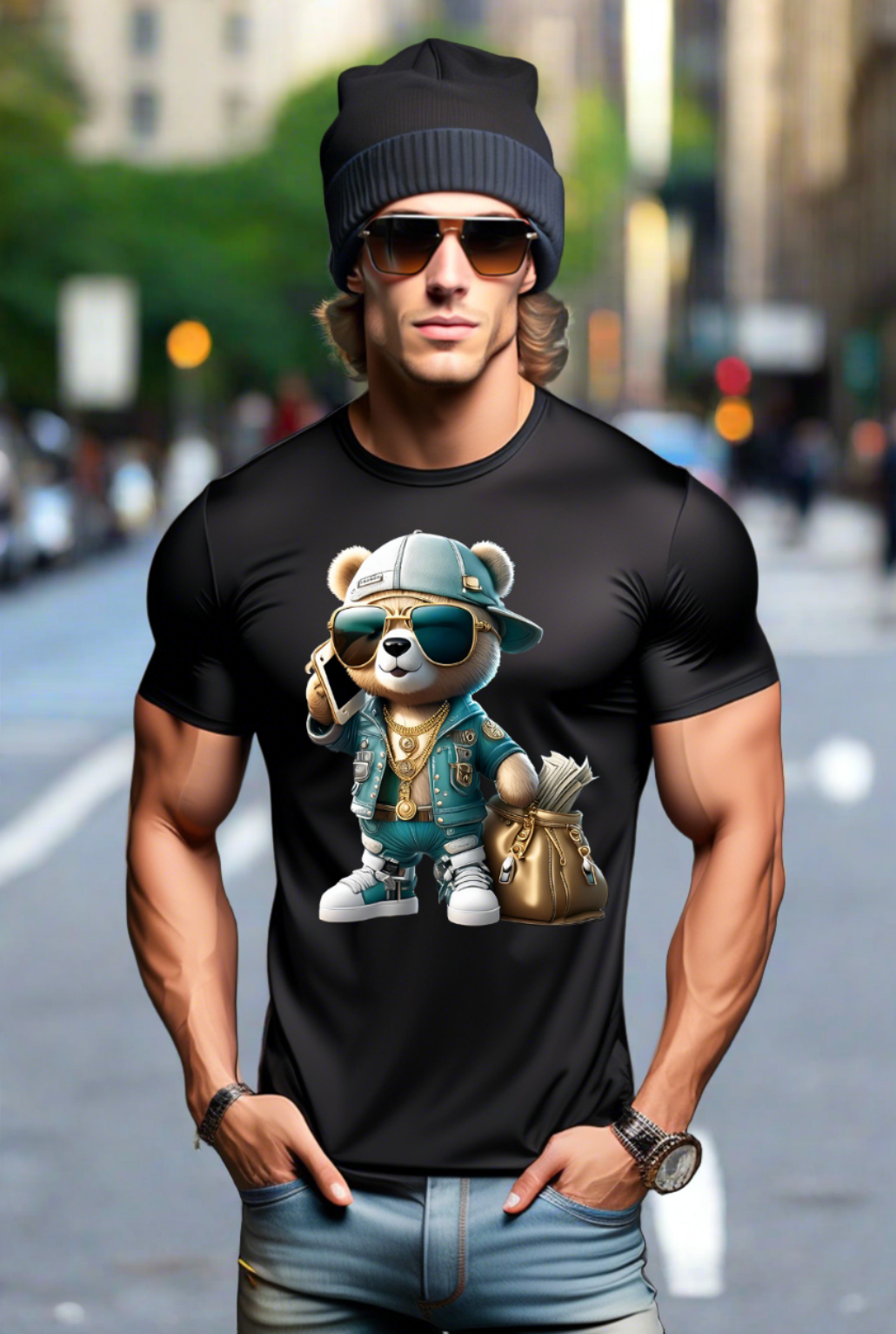 Teddy with Phone Teal Jacket Art Exclusive T-Shirts | Grooveman Music