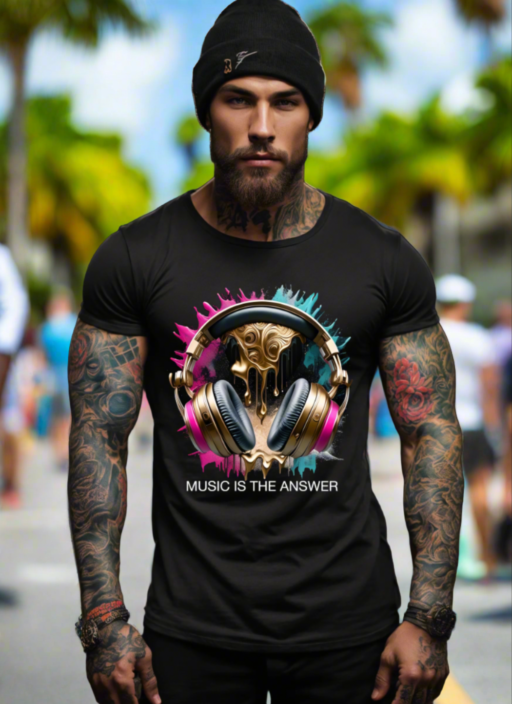 Music is the Answer Headphones Gold Pink Art Exclusive T-Shirts | Grooveman Music