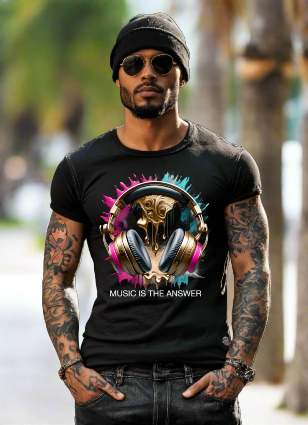 Music is the Answer Headphones Gold Pink Art Exclusive T-Shirts | Grooveman Music