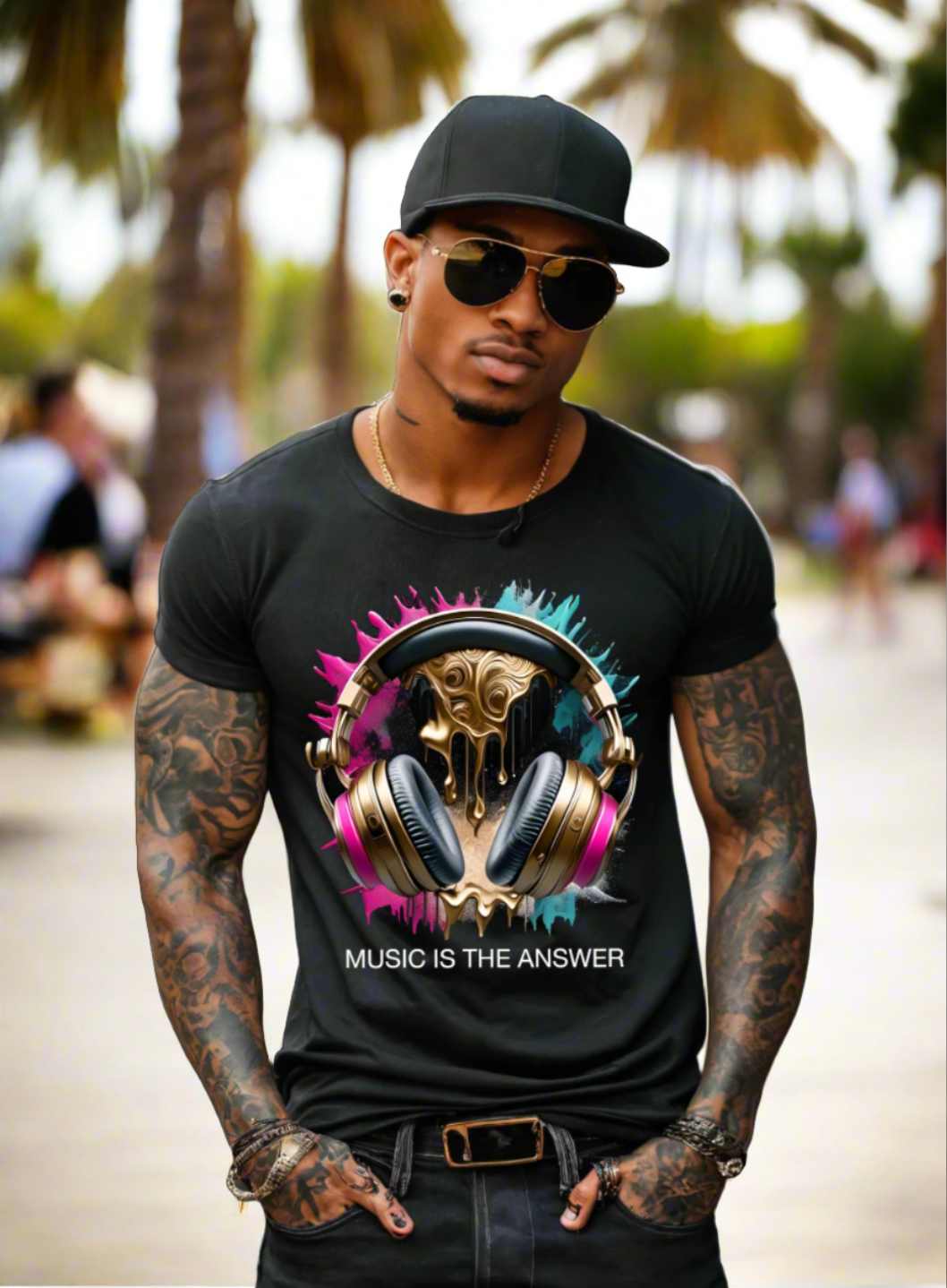 Music is the Answer Headphones Gold Pink Art Exclusive T-Shirts | Grooveman Music