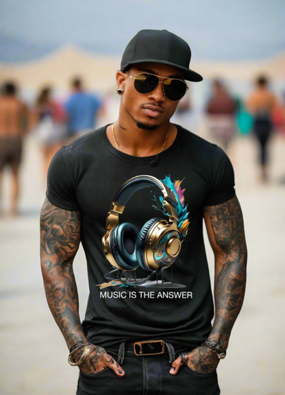 Music is the Answer Headphones Gold Teal Art Exclusive T-Shirts | Grooveman Music