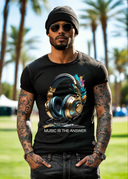 Music is the Answer Headphones Gold Teal Art Exclusive T-Shirts | Grooveman Music