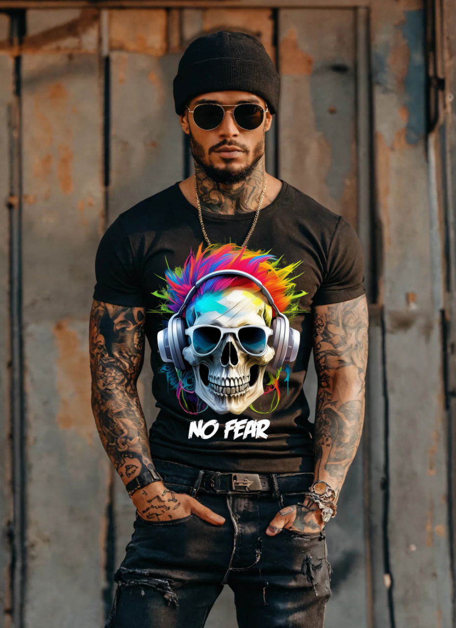 "No Fear' Skull Art T-Shirt - Unique and Exclusive Design | Grooveman Music TM"