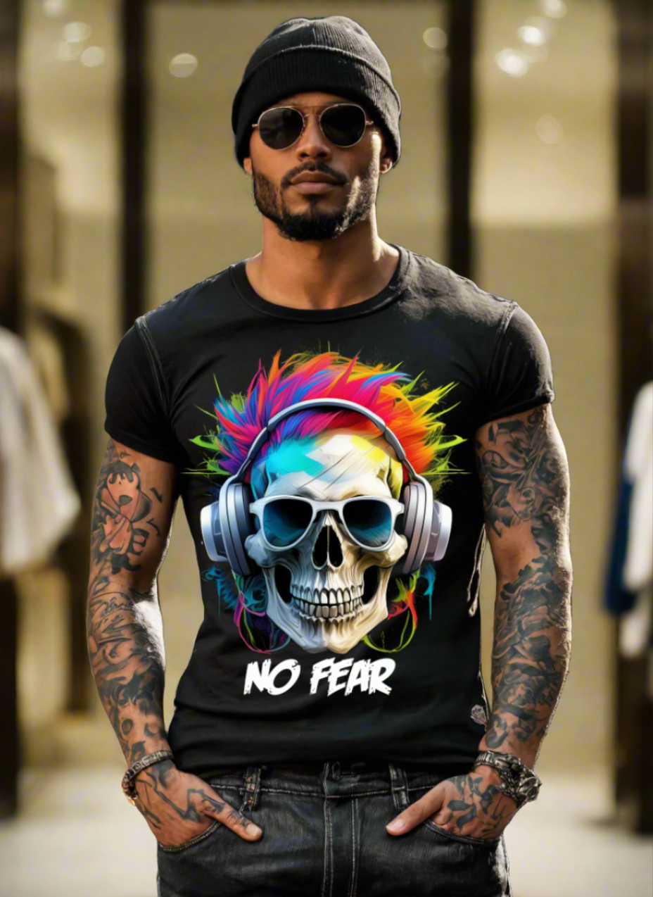 "No Fear' Skull Art T-Shirt - Unique and Exclusive Design | Grooveman Music TM"