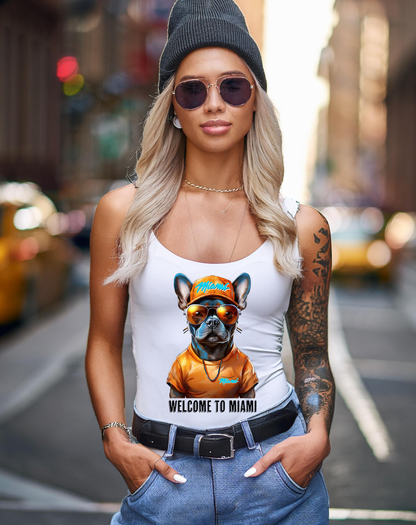 Frenchie Miami Orange White Collection Art T-Shirt - Unisex Design | Grooveman Music TM