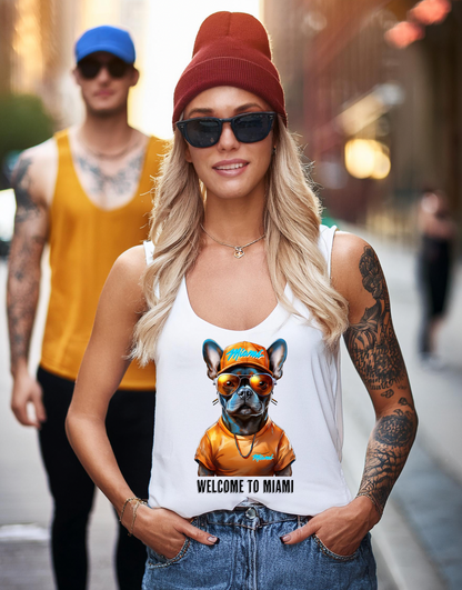 Frenchie Miami Orange White Collection Art T-Shirt - Unisex Design | Grooveman Music TM