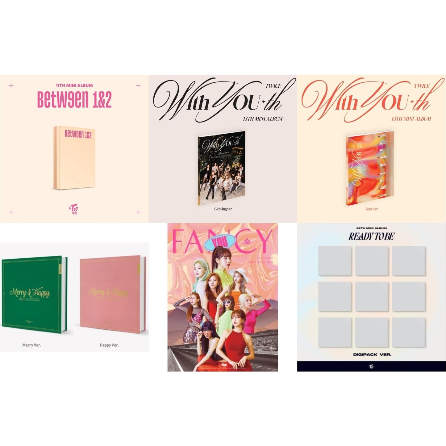 Twice - Between 1&2 (Archive Version) & With You-Th (Glowing Ver.) & With You-Th (Blast Ver.) & Merry & Happy & Fancy You (7Th Album) & Ready To Be (12Th Mini Album) Digipack Version - CD Bundle
