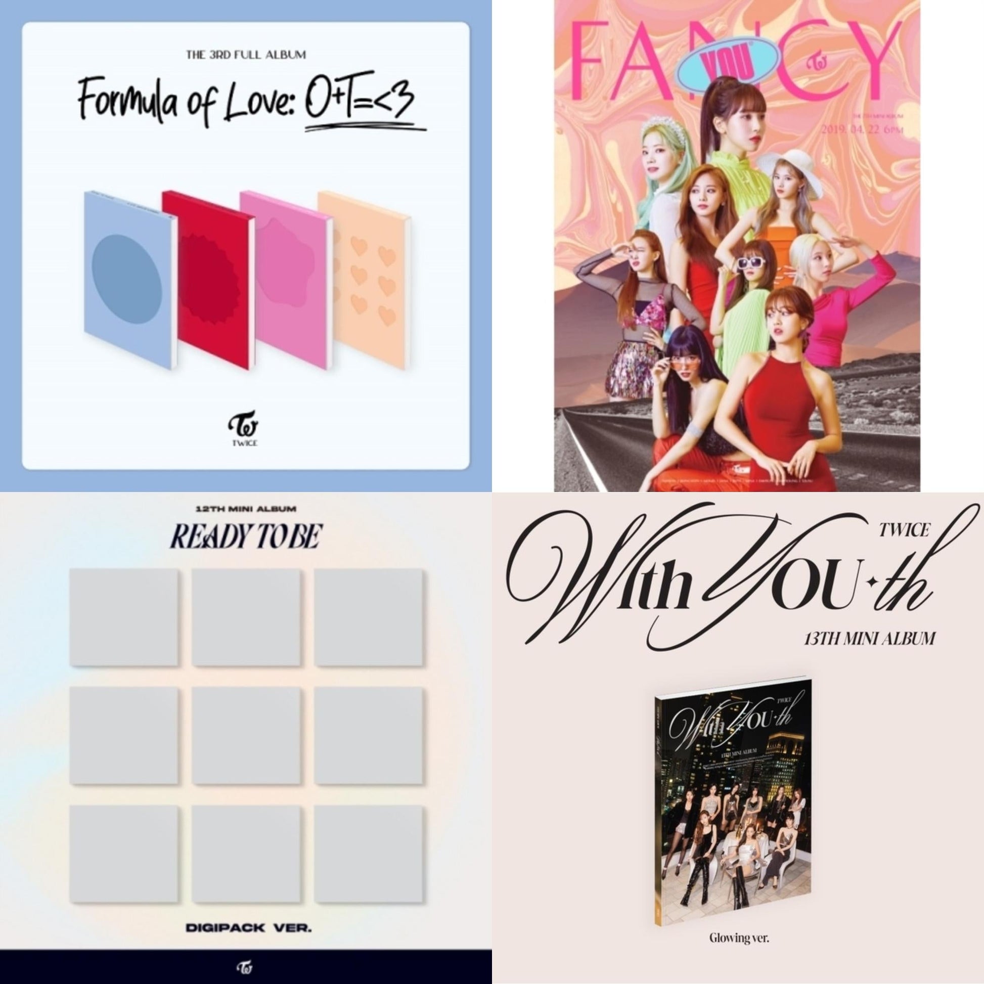 Twice - With You-Th (Glowing Ver.) & Fancy You (7Th Album) & Ready To Be (12Th Mini Album) Digipack Version & Formula Of Love: O+T=<3 - CD Bundle