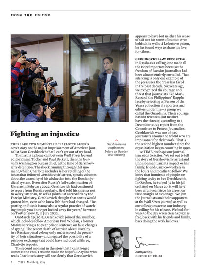TIME Magazine - 03.25.24 Edition: The Fight To Free Evan Gershkovich, Moscow Prison, Thailand Minister Srettha Thavisin, Epidemic Risk In Gaza, Paris Olympian Sunny Choi, Reddit Users Revolt & More!