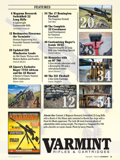 Varmint Rifles & Cartridges - Fall 2025: The Forgotten 17 Remington Fireball, Magnum Research SwitchBolt 22 Long Rifle, Updated 225 Winchester Load, The Complete 22 Creedmoor, Reloading Tips & More!