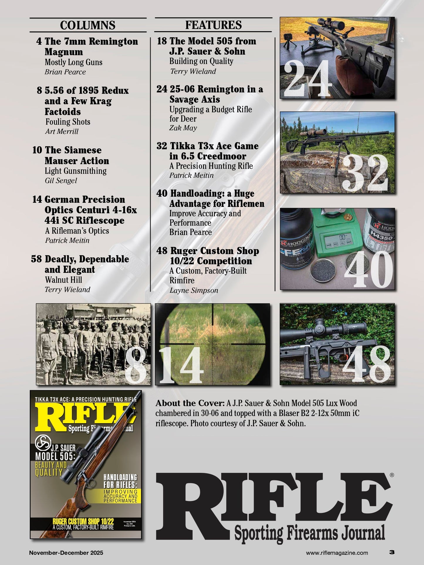 Rifle - November 2025: Handloading For Rifles, Improving Accuracy & Performance, Tikka T3x Ace Game In 6.5 Creedmoor, J.P Sauer Model 505, 7mm Remington Magnum, Ruger Custom Shop & More!