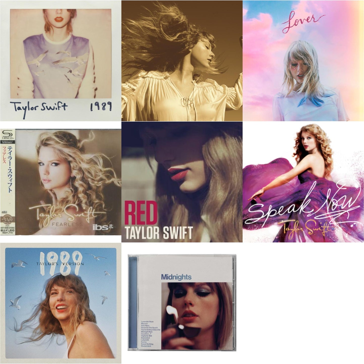Taylor Swift - Fearless & Fearless (Taylor's Version) (2CD) & Midnights (X) (Moonstone Blue CD) & 1989 (Taylor's Version) & Speak Now & Red & 1989 & Lover (Deluxe) (Version 1)