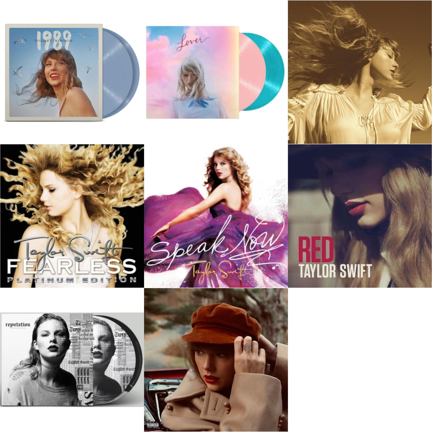 Taylor Swift - Fearless (Taylor's Version) (Gold Vinyl/3LP) & Red (Taylor's Version) (4LP) & 1989 (Taylor's Version) (2LP/Crystal Skies Blue Vinyl) & Lover & Speak Now & Red & Fearless Platinum Edition & Reputation (Picture Disc)