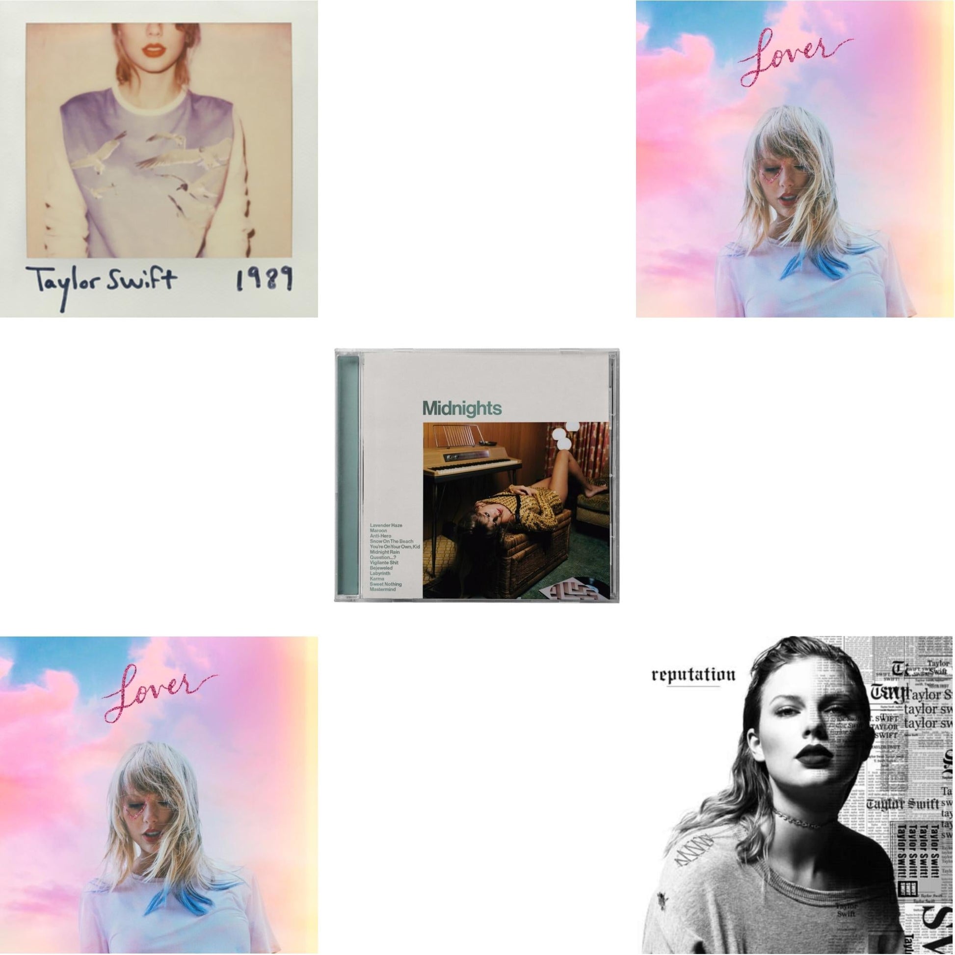Taylor Swift - Midnights (X) (Jade Green CD) & 1989 & Lover (Deluxe) (Version 1) & Lover (Deluxe) (Version 2) & Reputation