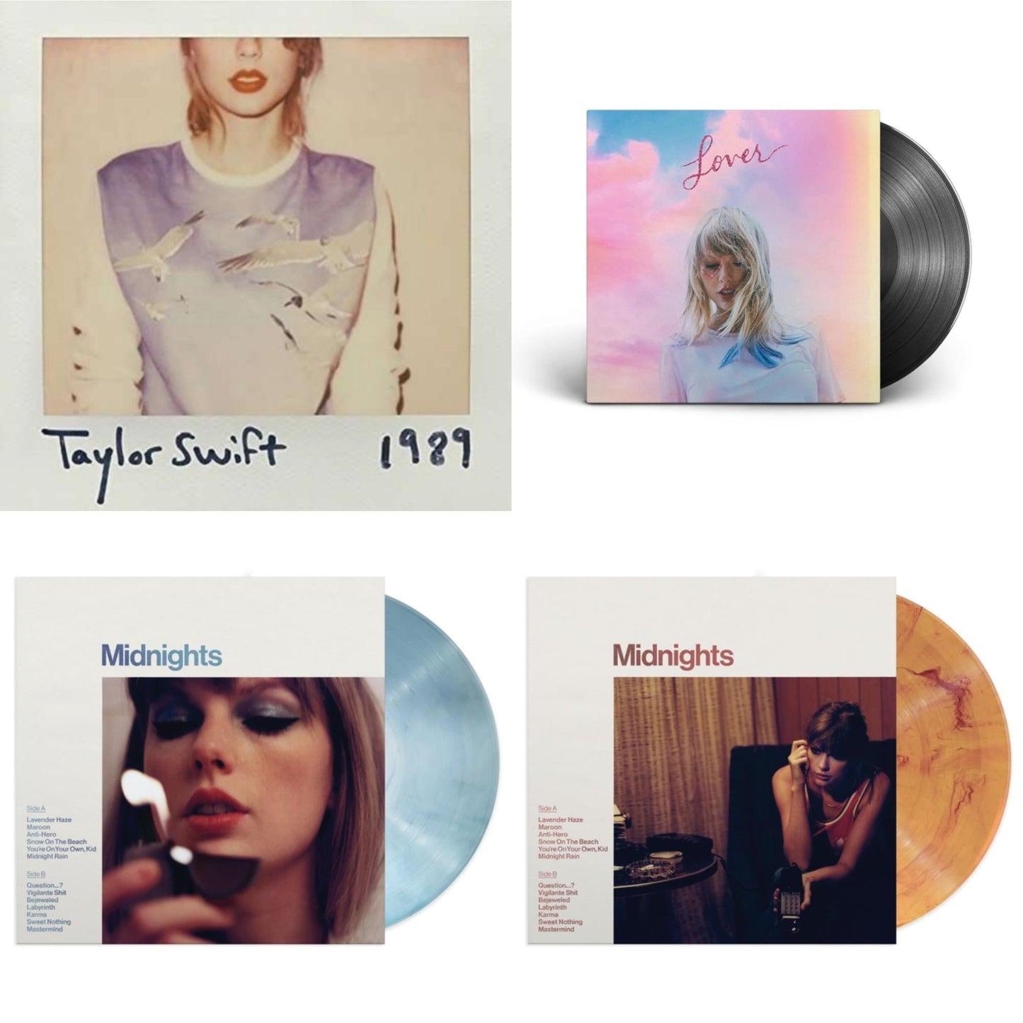 Taylor Swift - Midnights (X) (Moonstone Blue LP Vinyl) & Midnights (X) (Blood Moon LP Vinyl) & Lover (2LP) & 1989