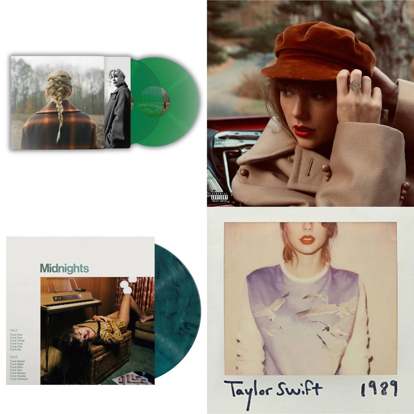 Taylor Swift - Taylor Swift - Evermore (Translucent Green Vinyl/2LP) & Red (Taylor's Version) (4LP) & Midnights (X) (Jade Green LP Vinyl) & 1989