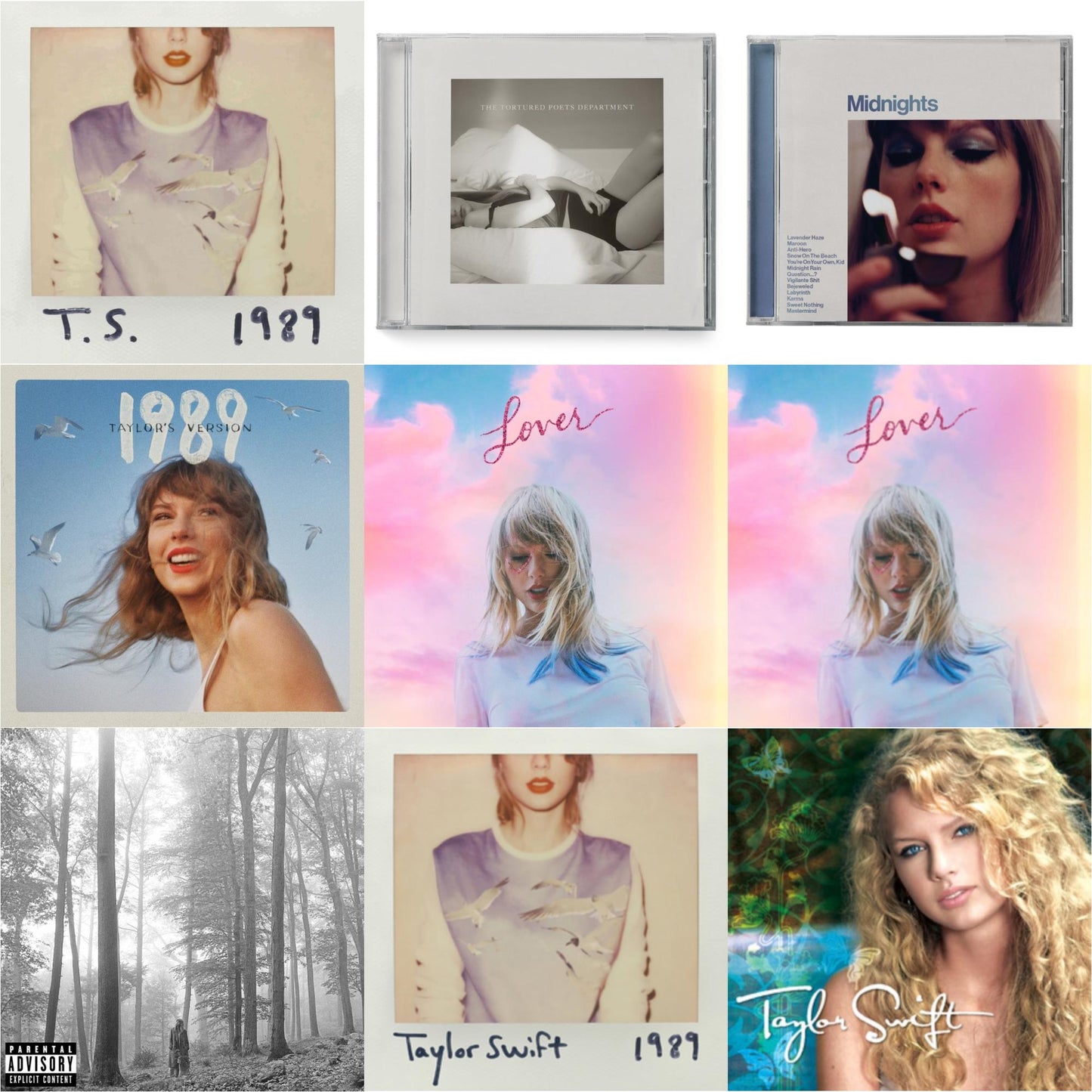 Taylor Swift - Folklore (X) & Midnights (X) (Moonstone Blue CD) & 1989 (Taylor's Version) & Tortured Poets Department (X) (Manuscript- Bonus Track) & Taylor Swift & 1989 & Lover (Deluxe) (Version 2) & Lover & 1989