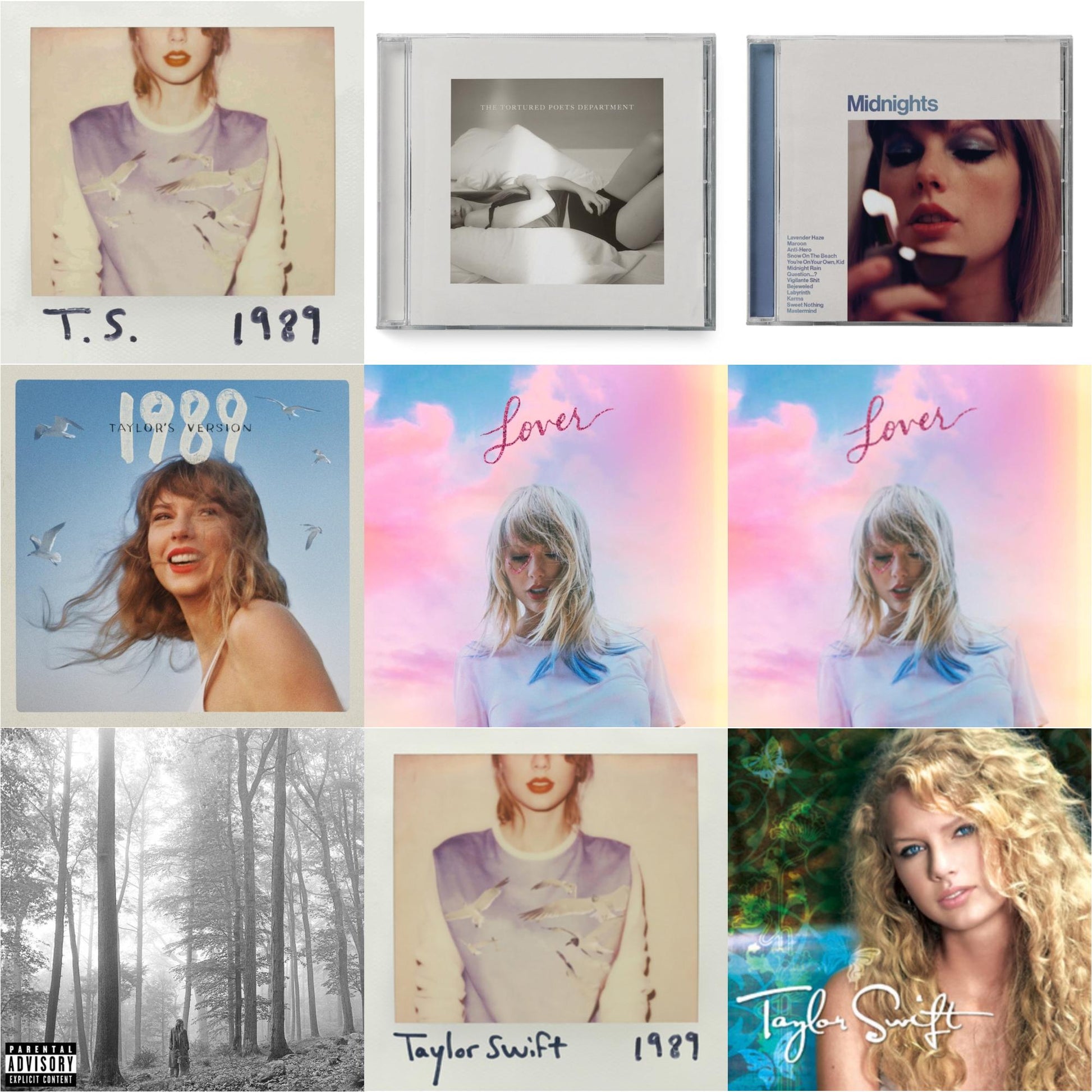 Taylor Swift - Folklore (X) & Midnights (X) (Moonstone Blue CD) & 1989 (Taylor's Version) & Tortured Poets Department (X) (Manuscript- Bonus Track) & Taylor Swift & 1989 & Lover (Deluxe) (Version 2) & Lover & 1989