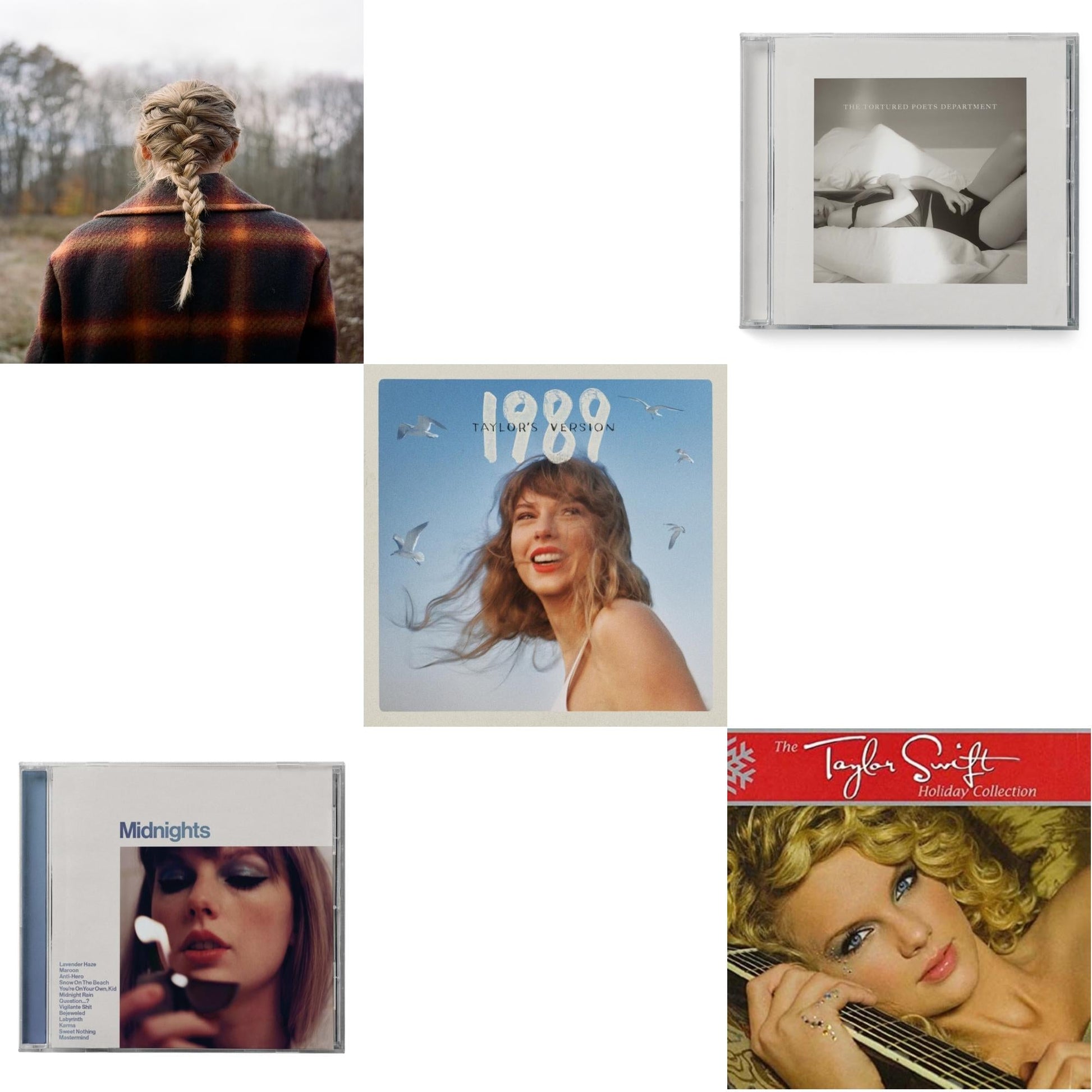 Taylor Swift - Evermore (Edited) & Midnights (X) (Moonstone Blue CD) & 1989 (Taylor's Version) & Tortured Poets Department (X) (Manuscript- Bonus Track) & Holiday Collection