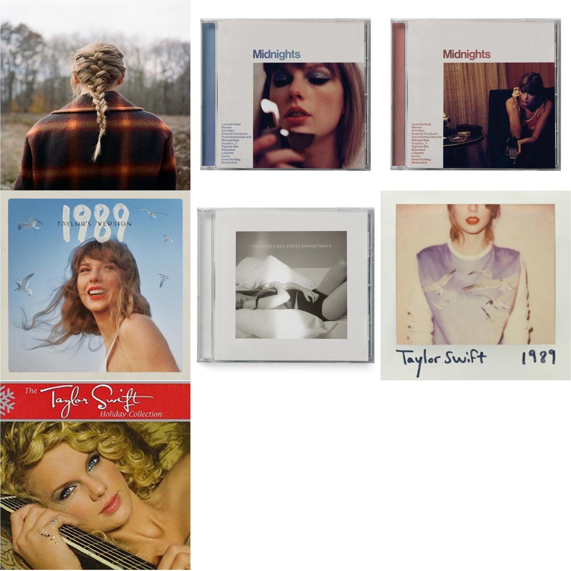 Taylor Swift - Evermore (Edited) & Midnights (X) (Moonstone Blue CD) & Midnights (X) (Blood Moon CD) & 1989 (Taylor's Version) & Tortured Poets Department (X) (Manuscript- Bonus Track) & 1989 & Holiday Collection