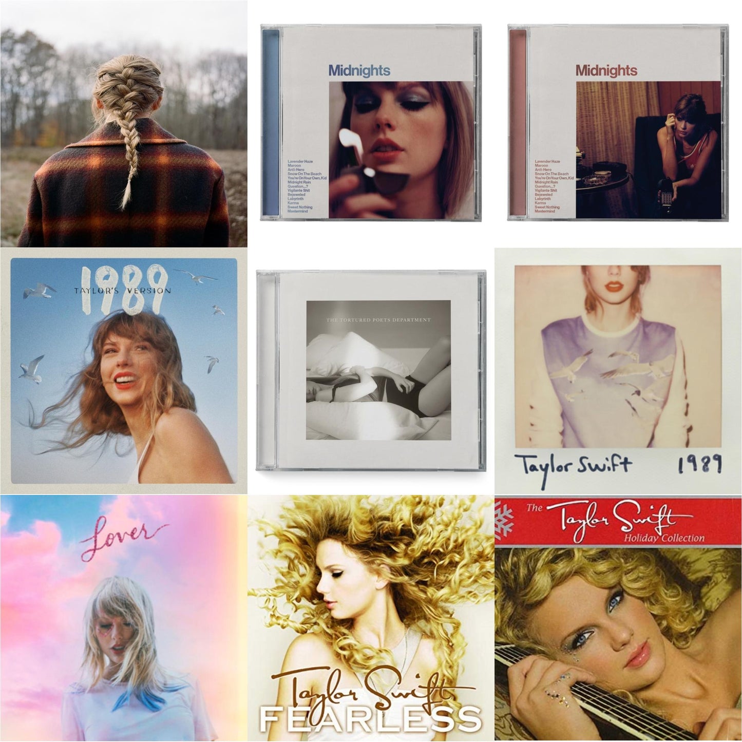 Taylor Swift - Evermore (Edited) & Midnights (X) (Moonstone Blue CD) & Midnights (X) (Blood Moon CD) & 1989 (Taylor's Version) & Tortured Poets Department (X) (Manuscript- Bonus Track) & 1989 & Lover & Fearless & Holiday Collection