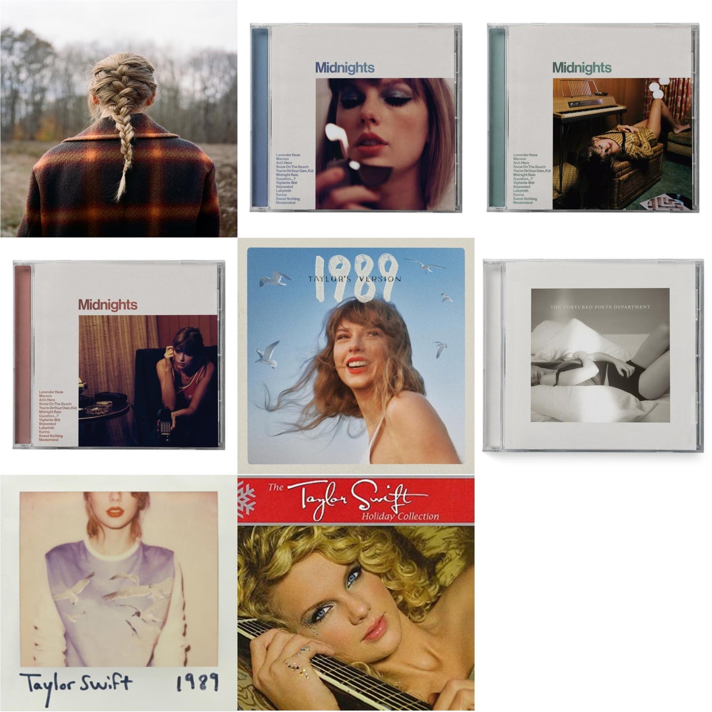 Taylor Swift - Evermore (Edited) & Midnights (X) (Moonstone Blue CD) & Midnights (X) (Jade Green CD) & Midnights (X) (Blood Moon CD) & 1989 (Taylor's Version) & Tortured Poets Department (X) (Manuscript- Bonus Track) & 1989 & Holiday Collection