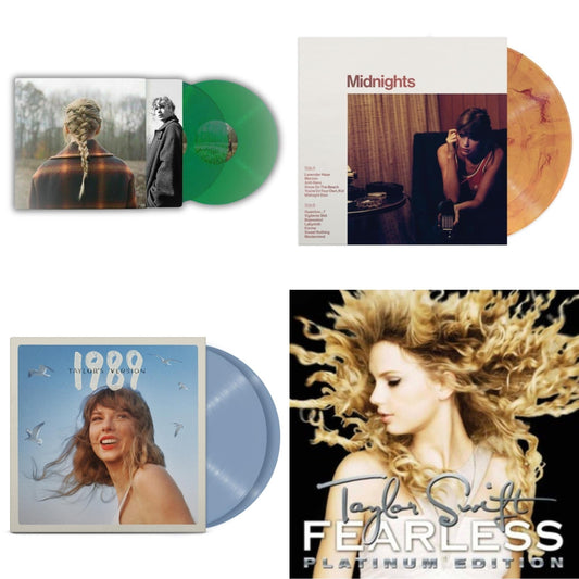 Taylor Swift - Taylor Swift - Evermore (Translucent Green Vinyl/2LP) & Midnights (X) (Blood Moon LP Vinyl) & 1989 (Taylor's Version) (2LP/Crystal Skies Blue Vinyl) & Fearless Platinum Edition