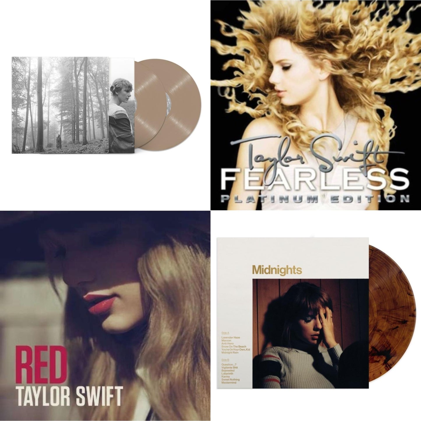 Taylor Swift - Folklore (X) (Beige Vinyl/2LP) & Midnights (X) (Mahogany Color LP Vinyl) & Red & Fearless Platinum Edition