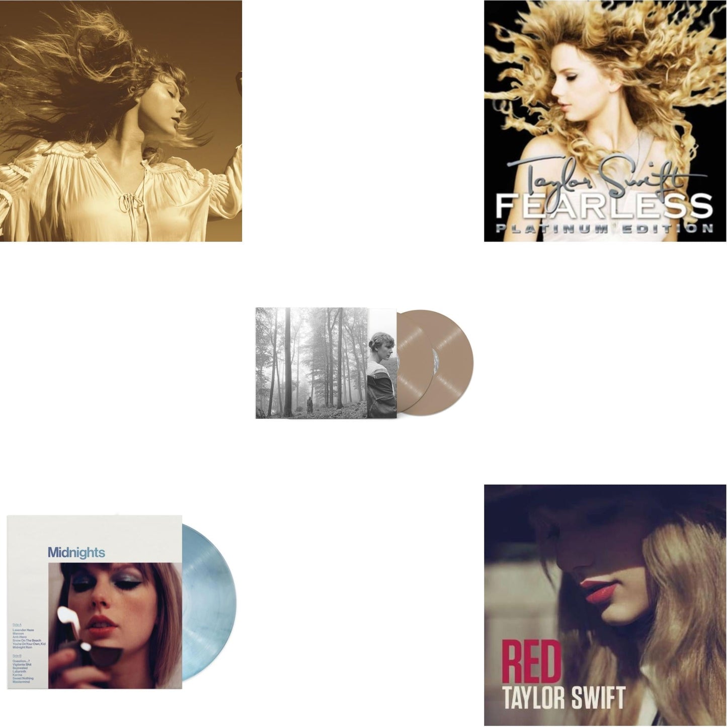 Taylor Swift - Folklore (X) (Beige Vinyl/2LP) & Fearless (Taylor's Version) (Gold Vinyl/3LP) & Midnights (X) (Moonstone Blue LP Vinyl) & Red & Fearless Platinum Edition