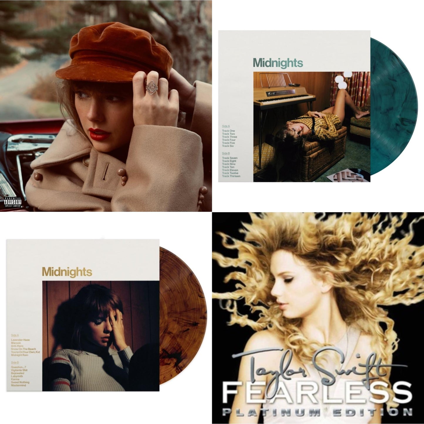 Taylor Swift - Red (Taylor's Version) (4LP) & Midnights (X) (Jade Green LP Vinyl) & Midnights (X) (Mahogany Color LP Vinyl) & Fearless Platinum Edition