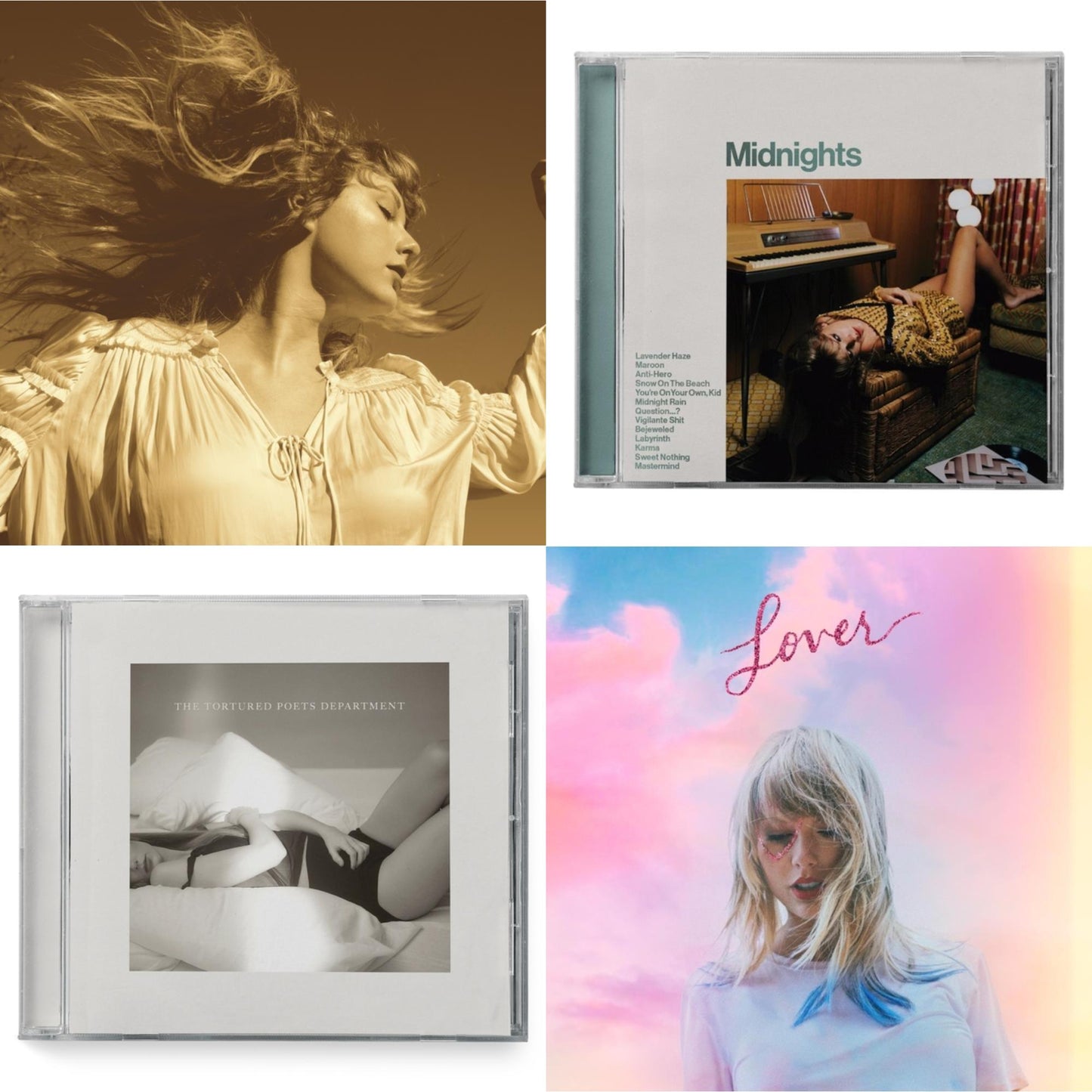 Taylor Swift - Fearless (Taylor's Version) (2CD) & Midnights (X) (Jade Green CD) & Tortured Poets Department (X) (Manuscript- Bonus Track) & Lover (Deluxe) (Version 1)
