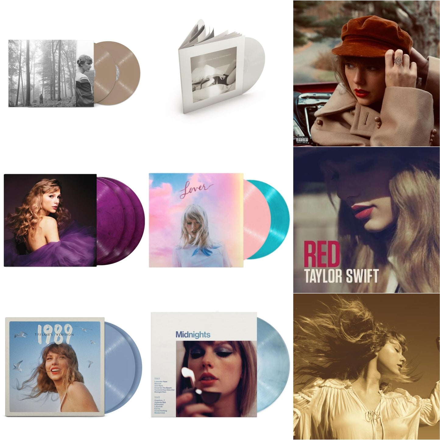 Taylor Swift - Folklore (X) (Beige Vinyl/2LP) & Fearless (Taylor's Version) (Gold Vinyl/3LP) & Red (Taylor's Version) (4LP) & Midnights (X) (Moonstone Blue LP Vinyl) & Speak Now (Taylor's Version) (Orchid Marbled Vinyl/3LP) & 1989 (Taylor's Version)