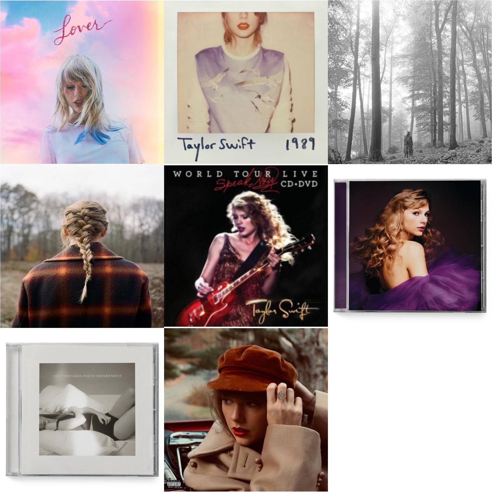Taylor Swift - Folklore (Edited) & Evermore (X) & Red (Taylor's Version) (Edited) (2CD) & Speak Now (Taylor's Version) (2CD) & Tortured Poets Department (X) (Manuscript- Bonus Track) & Speak Now World Tour Live (CD/DVD) & 1989 & Lover (Deluxe)