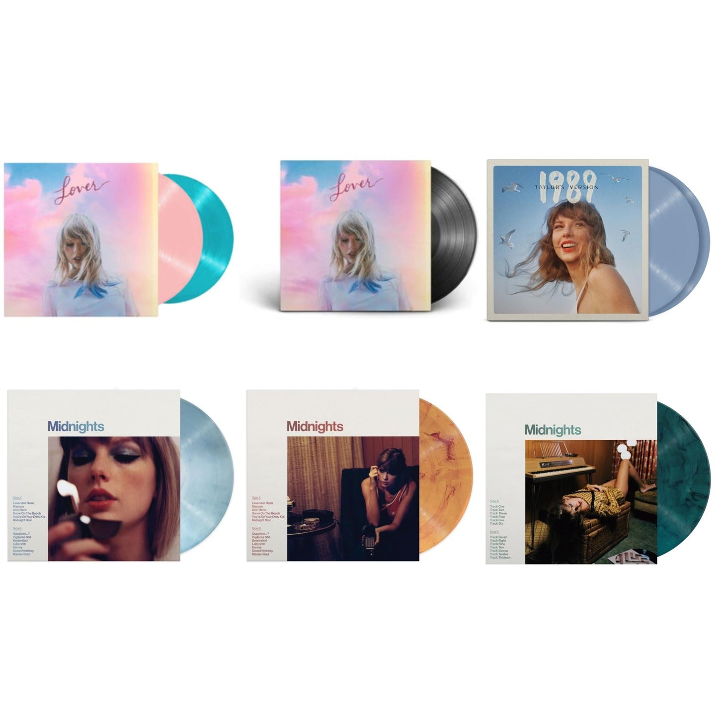 Taylor Swift - Midnights (X) (Moonstone Blue LP Vinyl) & Midnights (X) (Jade Green LP Vinyl) & Midnights (X) (Blood Moon LP Vinyl) & 1989 (Taylor's Version) (2LP/Crystal Skies Blue Vinyl) & Lover (2LP) & Lover