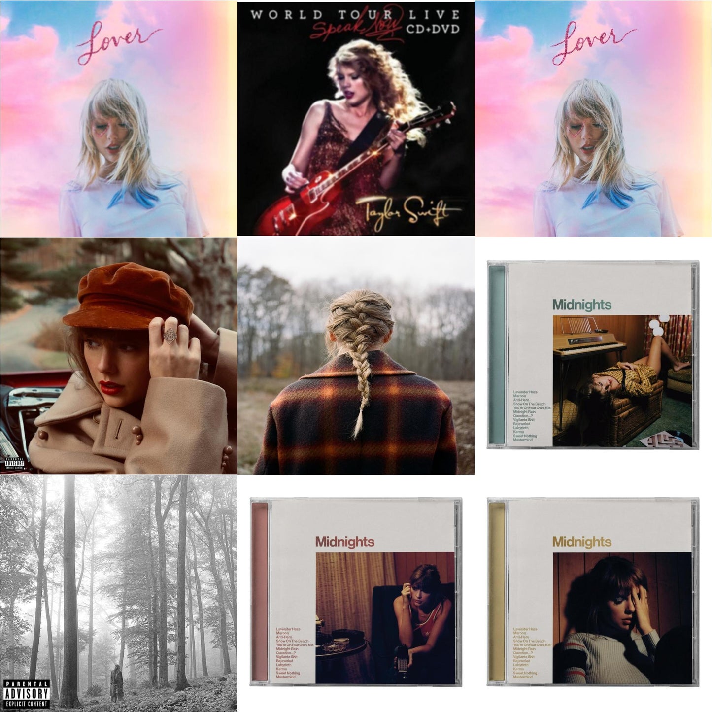 Taylor Swift - Folklore (X) & Evermore (X) & Red (Taylor's Version) (X) (2CD) & Midnights (X) (Jade Green CD) & Midnights (X) (Blood Moon CD) & Midnights (X) (Mahogany CD) & Speak Now World Tour Live (CD/DVD) & Lover (Deluxe) (Version 2) & Lover