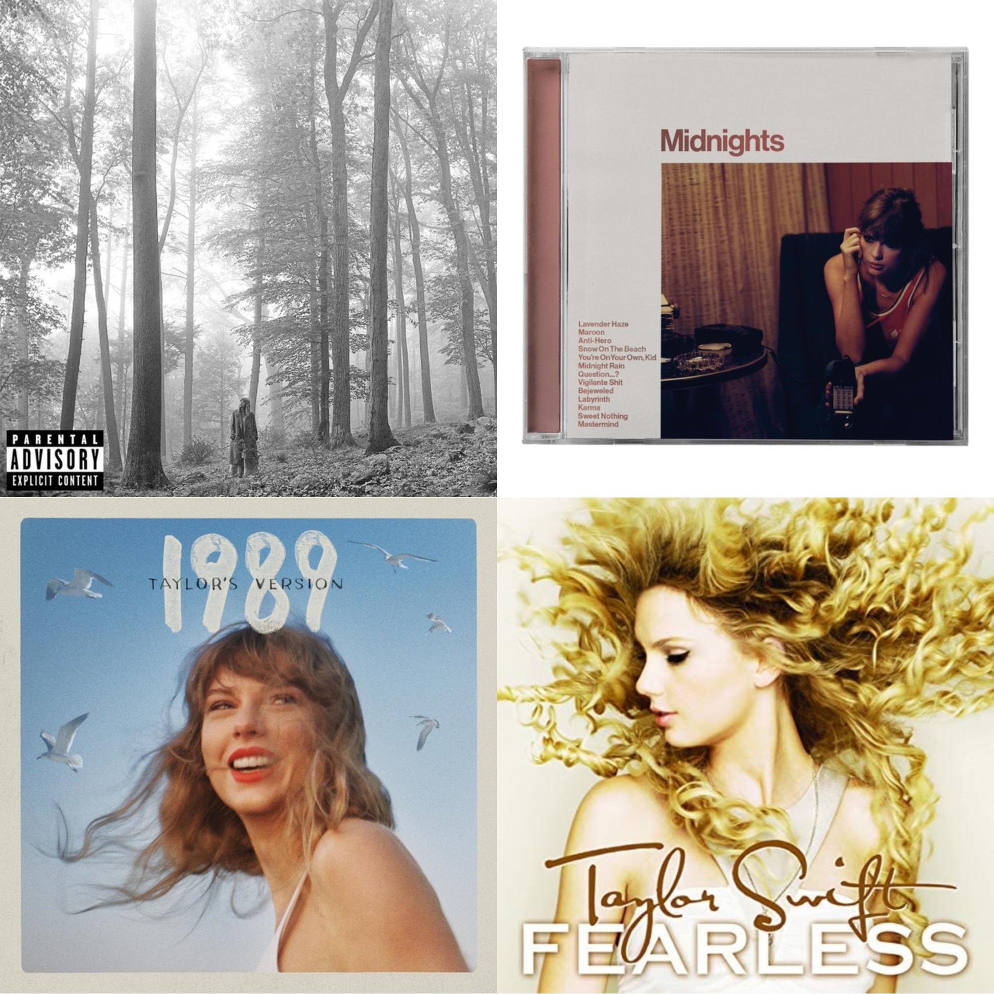 Taylor Swift - Folklore (X) & Midnights (X) (Blood Moon CD) & 1989 (Taylor's Version) & Fearless