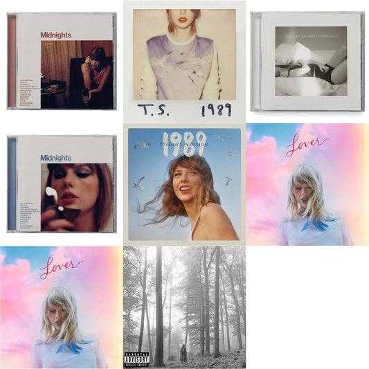 Taylor Swift - Folklore (X) & Midnights (X) (Moonstone Blue CD) & Midnights (X) (Blood Moon CD) & 1989 (Taylor's Version) & Tortured Poets Department (X) (Manuscript- Bonus Track) & Lover (Deluxe) (Version 2) & Lover & 1989