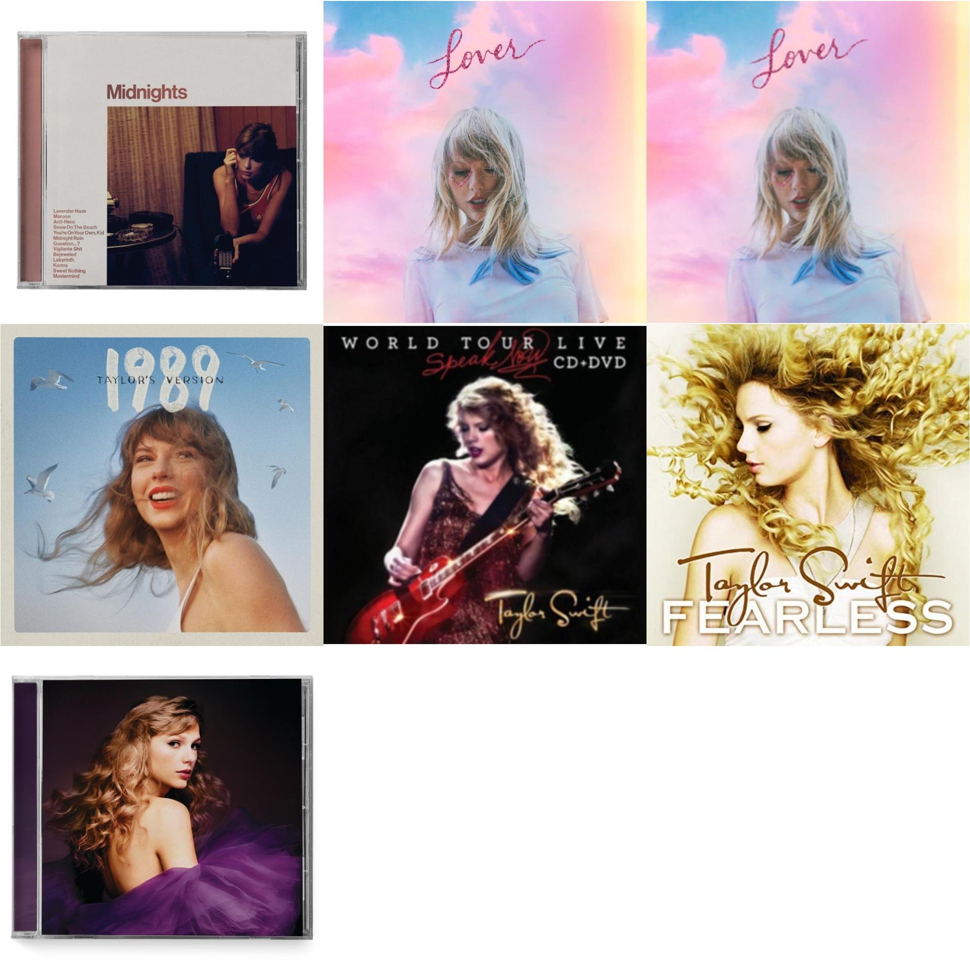 Taylor Swift - Midnights (X) (Blood Moon CD) & Speak Now (Taylor's Version) (2CD) & 1989 (Taylor's Version) & Speak Now World Tour Live (CD/DVD) & Lover (Deluxe) (Version 1) & Lover & Fearless